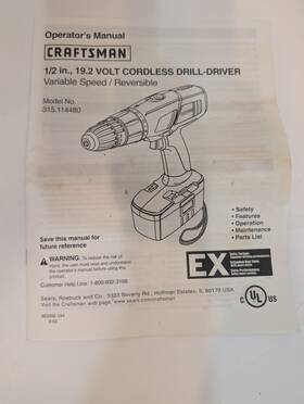 315.114480 Craftsman 1/2 Inch 19.2v Cordless Drill Driver Manual Only Instructions