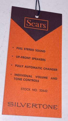 32642 Sears Original Vintage 1960 S Silvertone Record Player Hang Tag 4.75 Inch