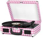 Turntable Record Player Vintage Vinyl Pink Gingham Portable Suitcase 0816203015013
