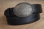 Tooled Black Leather Skeleton Print Western Belt Oval Buckle Removable Strap. Fixed Price $45.00.