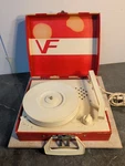 Vintage 1958 Record Player Vanity Fair Candy Stripes Phonograph Model 99. Fixed Price $38.00.