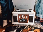 Victrola 8-IN-1 Real Wood Record Player With Cd, Usb & Bluetooth White Color. Fixed Price $219.00.