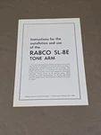 Rabco SL-8E Tone Arm Instruction Manual D-6036. Fixed Price $64.95.