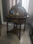 Antique Style Globe Bar Wood Cabinet Lift-up Top Wheeled Map Print Distressed. Fixed Price $200.00.
