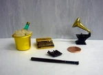 Dollhouse Mini Metal Baseball Bat Mitt Phonograph Typewriter Champagne Bucket Ic. Fixed Price $24.99.