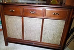 Vintage Rca Victor Record Stereo Player Floor Model Gold Fabric Panels Ivf 205A. Fixed Price $300.00.