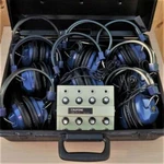 Vintage Califone Monaural (8) Blue 2924AV Headphones & Model 1218 Jackbox Set. Fixed Price $80.00.