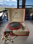 Silvertone Model 1250 Record Player, Speed, Red, 45 Rpm Center, Needs Needle. Fixed Price $84.99.