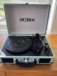Vintage-inspired Victoria Robins Egg Blue Suitcase Record Player. Fixed Price $29.50.